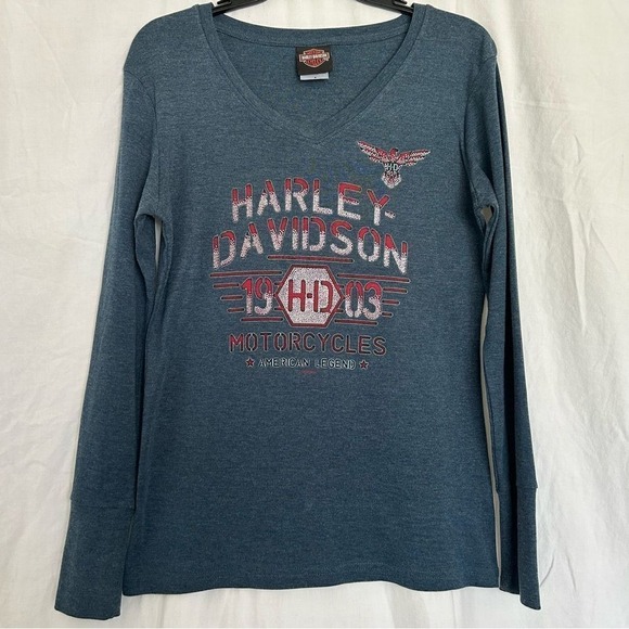 Harley-Davidson Tops - Harley-Davidson Chattanooga Small Long-Sleeve T-shirt Heather Blue, Red, Silver